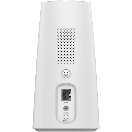 Biały, pionowy router z widocznymi portami WAN, zasilania DC 12V oraz przyciskiem reset na tylnej stronie. Na górze znajduje się przycisk zasilania oraz otwory wentylacyjne.
