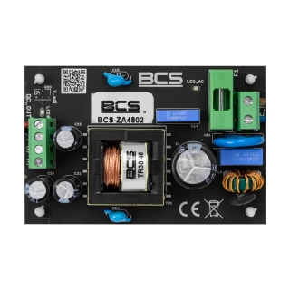 Zasilacz BCS-ZA4802 o napięciu 48V i prądzie 2A, z widocznymi elementami elektronicznymi, takimi jak cewki, kondensatory i złącza. Na płytce znajduje się logo BCS oraz oznaczenia techniczne.