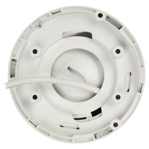 Zdjęcie przedstawia biały, okrągły uchwyt montażowy z przewodem, widziany od spodu. Uchwyt posiada kilka otworów montażowych i wycięć na kable.