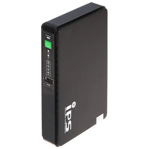 Czarny zasilacz awaryjny z zielonym przyciskiem zasilania i wskaźnikami LED na przednim panelu. Na obudowie widoczne jest logo "IPS" oraz port USB.