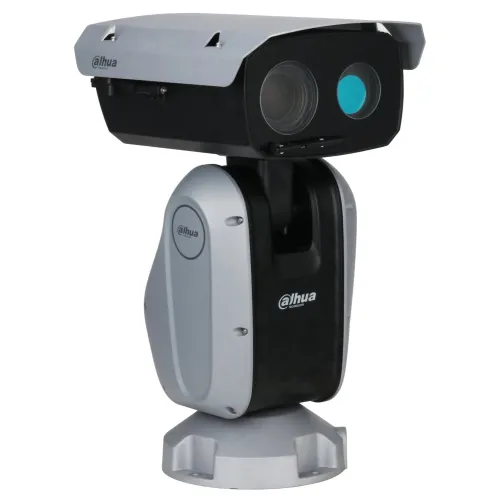 Na zdjęciu znajduje się nowoczesna kamera monitoringu marki Dahua, zamontowana na obrotowej podstawie. Kamera ma czarno-srebrną obudowę i jest wyposażona w duży obiektyw oraz dodatkowy czujnik.