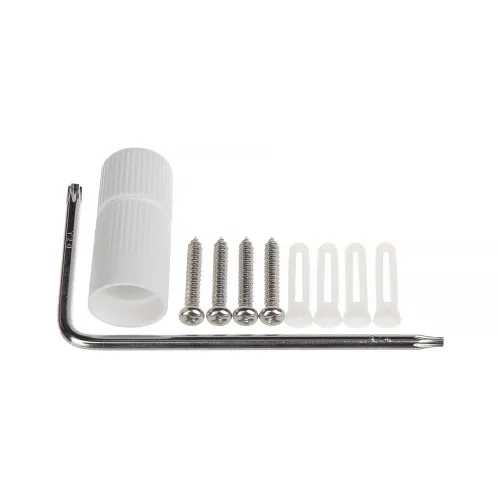 Na zdjęciu znajduje się zestaw montażowy składający się z białego kołka rozporowego, czterech metalowych śrub, czterech plastikowych kołków oraz klucza imbusowego. Elementy są ułożone na białym tle, co podkreśla ich szczegóły i kształty.