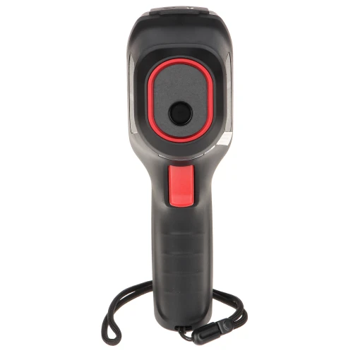 Na zdjęciu znajduje się ręczny termometr na podczerwień z czarną obudową i czerwonymi akcentami. Urządzenie posiada ergonomiczny uchwyt oraz pasek na nadgarstek.