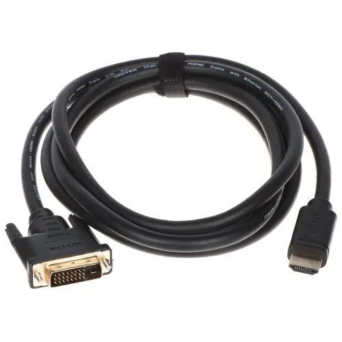 Na zdjęciu znajduje się czarny kabel z adapterem DVI na jednym końcu i złączem HDMI na drugim. Kabel jest zwinięty i zabezpieczony rzepem.