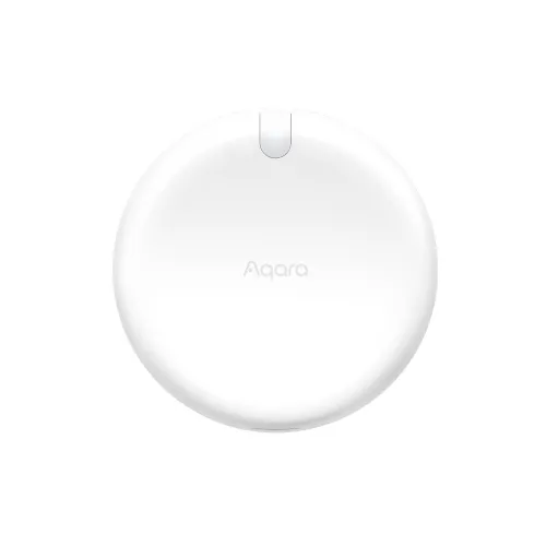 Biały, okrągły czujnik Aqara z subtelnym logo na środku. Urządzenie ma minimalistyczny design z małym, prostokątnym elementem na górze.