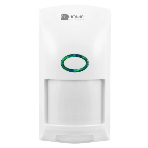 Biały czujnik ruchu z logo "EL Home" na górze i zielonym podświetleniem w centralnej części. Urządzenie ma nowoczesny design i jest przeznaczone do systemów alarmowych.