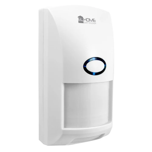 Biały, bezprzewodowy czujnik ruchu marki EL Home z niebieskim podświetleniem na przednim panelu. Urządzenie ma prostokątny kształt z zaokrąglonymi krawędziami.