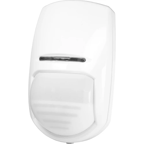 Biały, bezprzewodowy czujnik ruchu o nowoczesnym, zaokrąglonym kształcie. Urządzenie posiada ciemny pasek na górze, prawdopodobnie będący elementem detekcyjnym.
