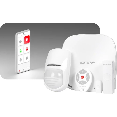 Bezprzewodowy system alarmowy Hikvision składa się z centrali, czujnika ruchu, pilota oraz aplikacji mobilnej. Urządzenia są w kolorze białym, a aplikacja na smartfonie pokazuje różne opcje sterowania systemem.