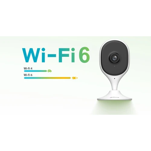 Na zdjęciu znajduje się kamera monitorująca Dahua w białej obudowie, umieszczona na podstawce. Obok kamery widnieje napis "Wi-Fi 6" oraz kolorowy pasek porównujący szybkość Wi-Fi 4 i Wi-Fi 6.
