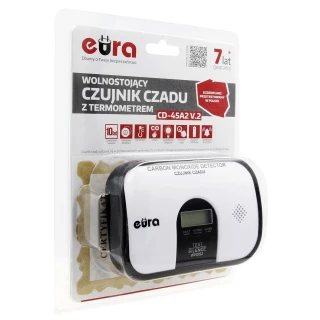 Kullmonoksid sensor "Eura" CD-45A2 v.2 - 7 års garanti, DC 3V, LCD-skjerm, frittstående