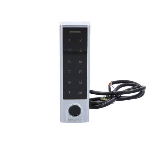 Czytnik odcisku palca VIDLINE z panelem dotykowym i podświetlanymi przyciskami numerycznymi. Urządzenie ma kompaktowy, prostokątny kształt i jest wyposażone w przewody do podłączenia.