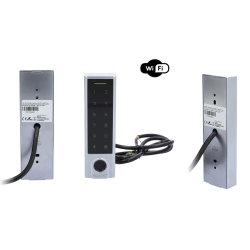 Zdjęcie przedstawia czytnik odcisków palca VidiLine AC z panelem dotykowym i wyświetlaczem, widoczny z przodu oraz z dwóch boków. Urządzenie ma elegancki, nowoczesny design i jest wyposażone w przewody do podłączenia.