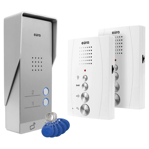 Dørtelefon EURA ADP-62A3 - hvit, for to familier, høyttalertelefon, støtter 2 innganger, RFID-leser