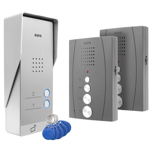 Dørtelefon EURA ADP-62A3 - grafitt, tofamilie, høyttalende, støtter 2 innganger, RFID-leser