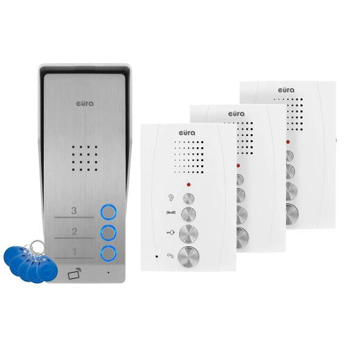Dørtelefon EURA ADP-63A3 - hvit, for tre familier, høyttalertelefon, støtter 2 innganger, RFID-leser