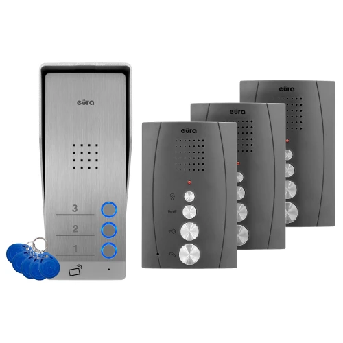 Dørtelefon EURA ADP-63A3 - grafitt, trefamilie, høyttalertelefon, støtte for 2 innganger, RFID-leser