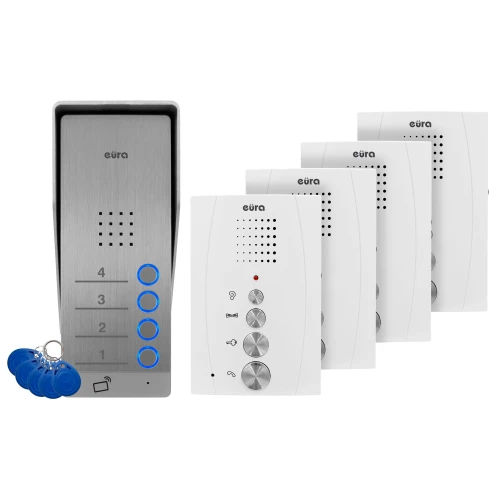 Dørtelefon EURA ADP-64A3 - hvit, firefamilie, høyttalende, støtter 2 innganger, RFID-leser