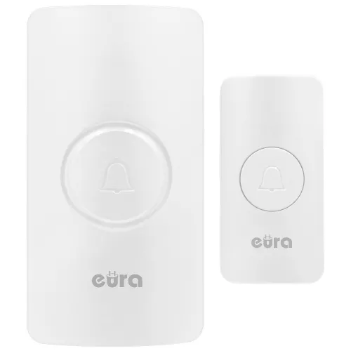 Na zdjęciu znajduje się biały, bezprzewodowy dzwonek do drzwi marki Eura, składający się z dwóch części: większego odbiornika i mniejszego przycisku z symbolem dzwonka. Oba elementy mają minimalistyczny design z zaokrąglonymi krawędziami i logo Eura na dole.