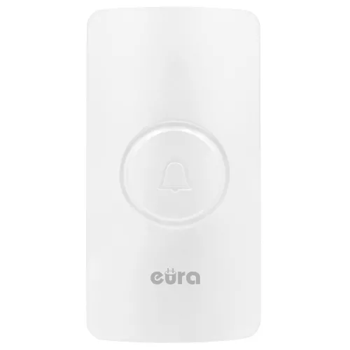 Biały, prostokątny dzwonek bezprzewodowy z centralnie umieszczonym symbolem dzwonka. Na dole znajduje się logo marki Eura.