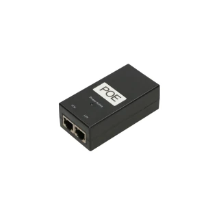 Na zdjęciu znajduje się czarny adapter PoE z dwoma portami oznaczonymi jako "POE" i "LAN". Na górnej części urządzenia widnieje napis "POE Power Active".
