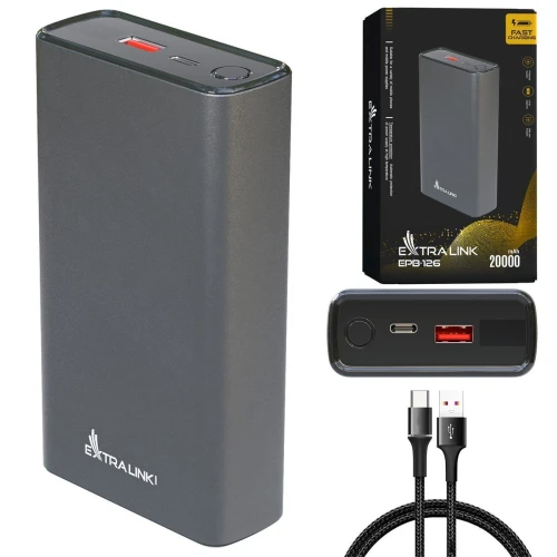 Na zdjęciu znajduje się czarny powerbank marki Extralink z modelem EPD-126, obok którego widoczne jest jego opakowanie oraz kabel USB. Powerbank posiada dwa porty: USB-A i USB-C, a na opakowaniu podkreślona jest jego pojemność 20000 mAh oraz funkcja szybkiego ładowania.
