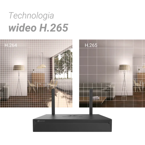 Na zdjęciu znajduje się rejestrator IP Ezviz X5S-8W z dwiema antenami, umieszczony na tle porównania jakości obrazu wideo H.264 i H.265. Po lewej stronie widać obraz o niższej jakości, a po prawej obraz o wyższej jakości, co ilustruje zalety technologii H.265.