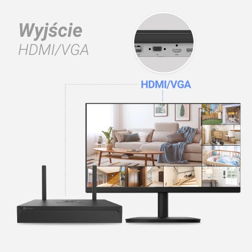 Na zdjęciu znajduje się rejestrator IP Ezviz X5S-8W z anteną, obok którego widoczny jest monitor wyświetlający obraz z kilku kamer. W górnej części zdjęcia znajduje się powiększenie złącz HDMI/VGA rejestratora.