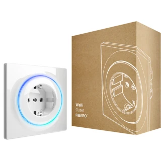 Zdjęcie przedstawia gniazdko elektryczne FIBARO Walli Outlet type F FGWOF-011 z eleganckim, nowoczesnym designem. Produkt jest w kolorze białym, z okrągłym wykończeniem i centralnie umieszczonym otworem na wtyczkę.