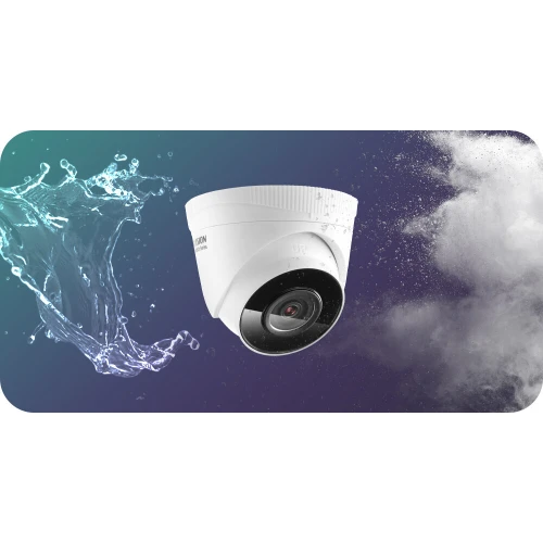 Biała kamera IP o nowoczesnym designie, odporna na wodę i kurz, co symbolizują efekty wizualne w tle. Produkt jest przedstawiony na tle gradientu, co podkreśla jego wytrzymałość i funkcjonalność w różnych warunkach.
