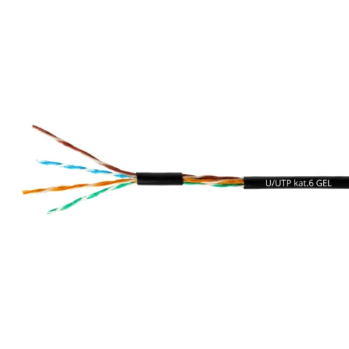 Zdjęcie przedstawia kabel sieciowy U/UTP kategorii 6 z widocznymi kolorowymi parami skręconych przewodów. Kabel ma czarną osłonę z oznaczeniem "U/UTP kat.6 GEL".
