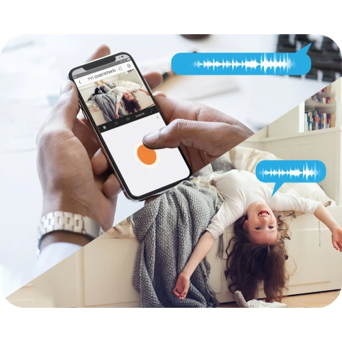 Kamera Full HD IP Ezviz TY1 jest pokazana w użyciu, umożliwiając zdalne monitorowanie przez aplikację na smartfonie. Obraz przedstawia funkcję dwukierunkowej komunikacji audio, co ilustruje interakcję między użytkownikiem a dzieckiem.