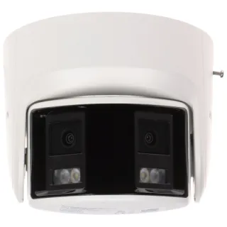 Biała, panoramiczna kamera IP z dwoma obiektywami i diodami LED na czarnym tle. Kamera ma nowoczesny design i jest przeznaczona do monitoringu wizyjnego.