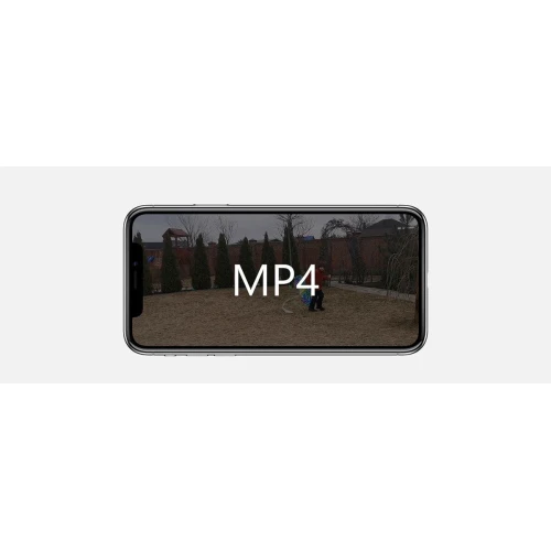 Smartfon wyświetla nagranie z kamery, pokazując scenę z ogrodem i osobami na ekranie. Na środku ekranu widoczny jest napis "MP4".