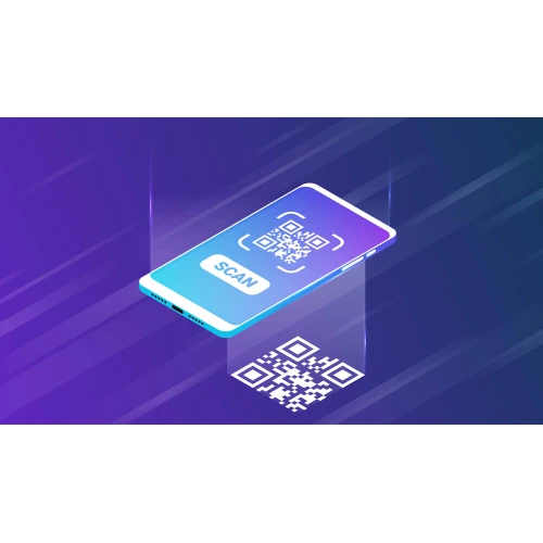 Na ilustracji znajduje się stylizowany smartfon z wyświetlonym kodem QR i przyciskiem "SCAN" na ekranie, umieszczony na fioletowo-niebieskim tle z dynamicznymi liniami. Przed telefonem znajduje się większy kod QR, sugerujący proces skanowania.