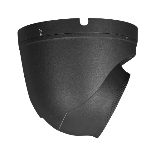 Czarna, kopułowa kamera IP o rozdzielczości 4MPX z nowoczesnym, minimalistycznym designem. Kamera ma gładką powierzchnię i jest przeznaczona do montażu sufitowego.