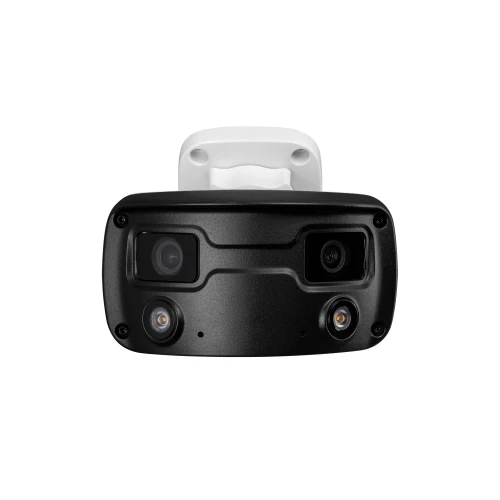 Czarna, tubowa kamera IP z dwoma obiektywami i dwoma diodami LED na białym tle. Kamera ma nowoczesny design i jest przeznaczona do monitoringu panoramicznego.