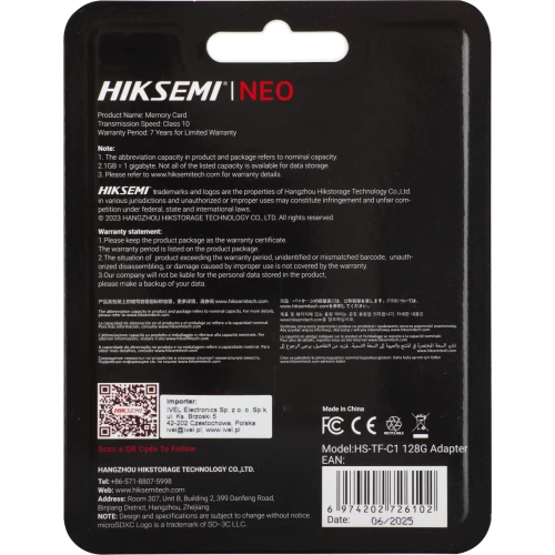 MicroSD minnekort 128GB HS-TF-C1 Overvåkning 92MB/s Adapter