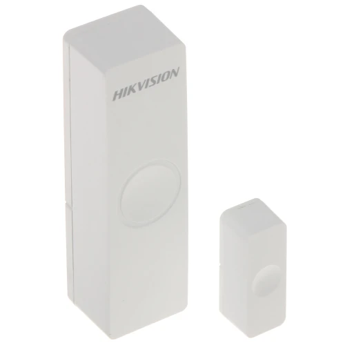 Na zdjęciu znajduje się biały kontaktron marki Hikvision, składający się z dwóch prostokątnych elementów o gładkiej powierzchni. Większy element posiada logo producenta i okrągłe wytłoczenie na środku.