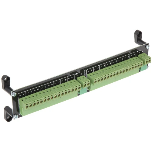 Zdjęcie przedstawia listwę zasilającą z zielonymi złączami śrubowymi, umieszczoną na czarnej płytce montażowej z oznaczeniami biegunów. Produkt posiada metalowe uchwyty montażowe po bokach.