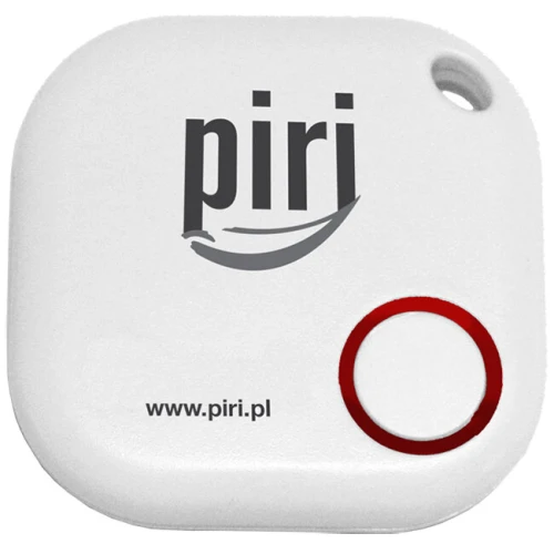Lokalizator Bluetooth Piri w kształcie małego, kompaktowego urządzenia z otworem na smycz. Produkt jest przedstawiony na białym tle, ukazując jego prosty i funkcjonalny design.