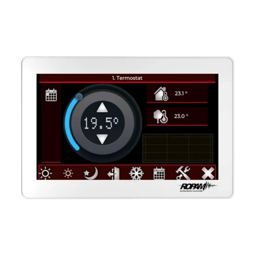 Na zdjęciu znajduje się dotykowy manipulator Ropam z wyświetlaczem pokazującym temperaturę 19,5°C oraz ikonami do sterowania funkcjami termostatu. Ekran otoczony jest białą ramką, a w dolnej części widoczne jest logo Ropam.