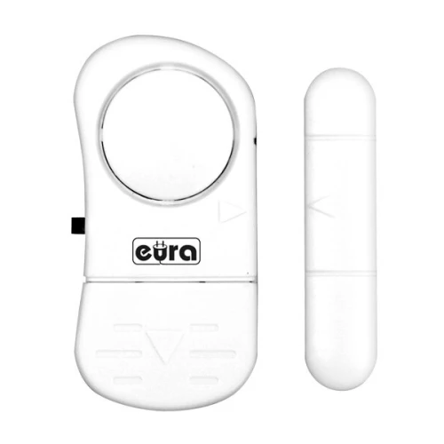 Na zdjęciu znajduje się biały mini alarm Eura MA-19A3 składający się z dwóch części: głównej jednostki z logo Eura oraz mniejszego czujnika. Obie części mają prosty, nowoczesny design i są przeznaczone do montażu na drzwiach lub oknach.