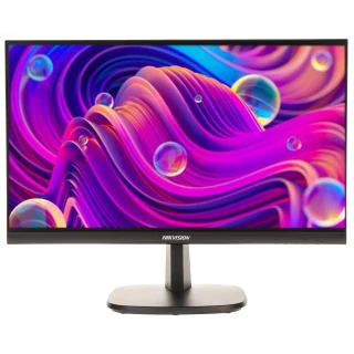 Monitor Hikvision DS-D5024FN z kolorowym, abstrakcyjnym wzorem na ekranie. Monitor ma cienką ramkę i stoi na prostym, czarnym stojaku.