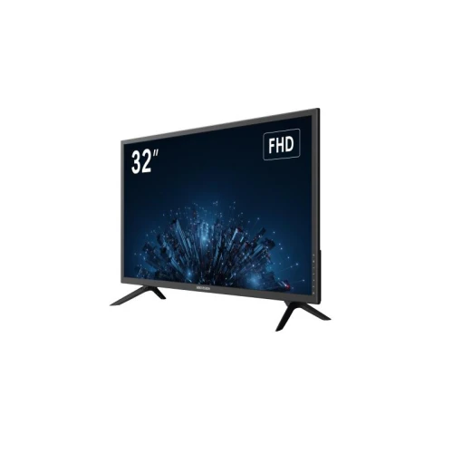 Monitor Hikvision DS-D5032F3 o przekątnej 32 cale z wyświetlaczem FHD, ustawiony na dwóch nóżkach. Na ekranie widoczna jest grafika z abstrakcyjnym wzorem w ciemnych kolorach.