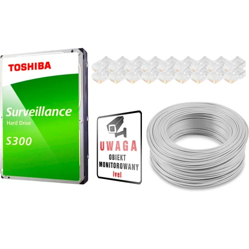 Na zdjęciu znajduje się zielony dysk twardy Toshiba S300, znak ostrzegawczy "Uwaga obiekt monitorowany", zwinięty biały kabel oraz zestaw wtyczek RJ45. Elementy te są przeznaczone do systemu monitoringu.