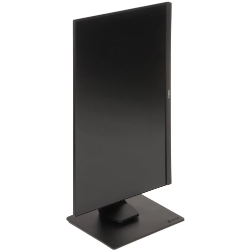 Monitor z możliwością obrotu, ustawiony w pozycji pionowej na prostokątnej podstawie. Produkt ma cienkie ramki i elegancki, nowoczesny design.