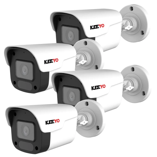Cztery białe kamery tubowe z logo "KEEYO" są ustawione w rzędzie, każda z nich zamontowana na okrągłej podstawie. Kamery mają czarne detale wokół obiektywów i są skierowane w tym samym kierunku.