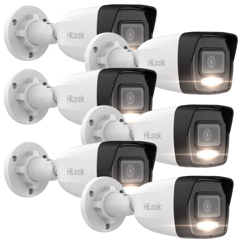 Na zdjęciu znajduje się zestaw sześciu białych kamer IP marki Hilook, każda z czarnym frontem i wbudowanym oświetleniem. Kamery są zamontowane na białych uchwytach ściennych, ustawione w dwóch rzędach po trzy.