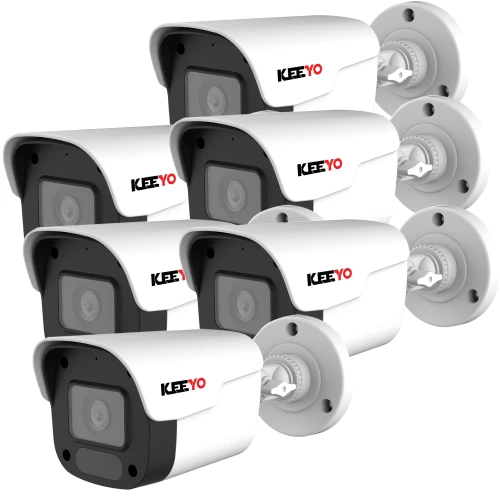 Zdjęcie przedstawia zestaw sześciu białych kamer tubowych marki KeeYo, ułożonych w dwóch rzędach. Kamery mają czarne detale wokół obiektywów i są wyposażone w uchwyty montażowe.
